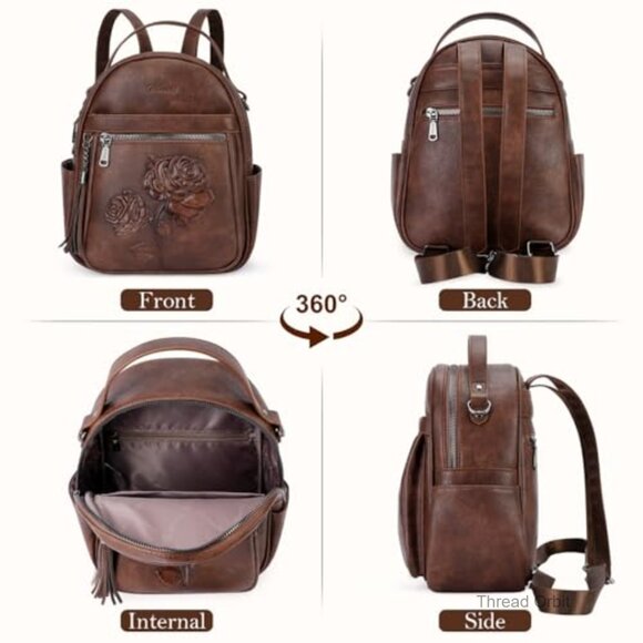 Mini Vegan Leather Backpack Purse with Floral Design, Water Resistant Travel